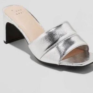 A New Day Lilah silver metallic puffer open toe y2k style heels